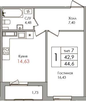 1-комнатная квартира, 42.9 м² в ЖК "Верхний" - планировка, фото №1