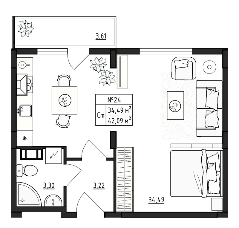 Квартира-студия, 42.09 м² в ЖК "Верево Сити" - планировка, фото №1