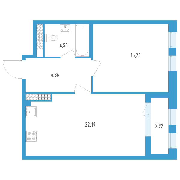 2-комнатная (Евро) квартира, 50.77 м² - планировка, фото №1