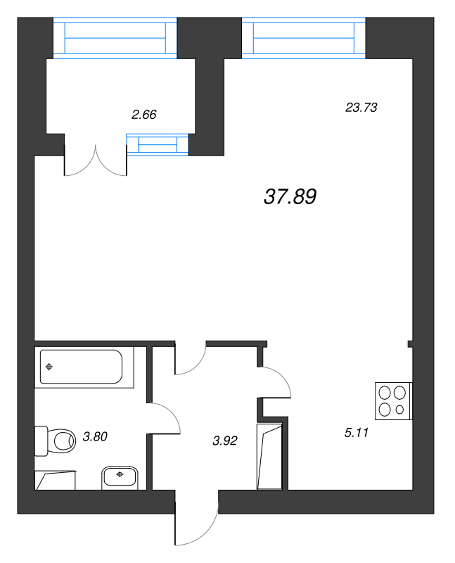 1-комнатная квартира, 40.5 м² - планировка, фото №1