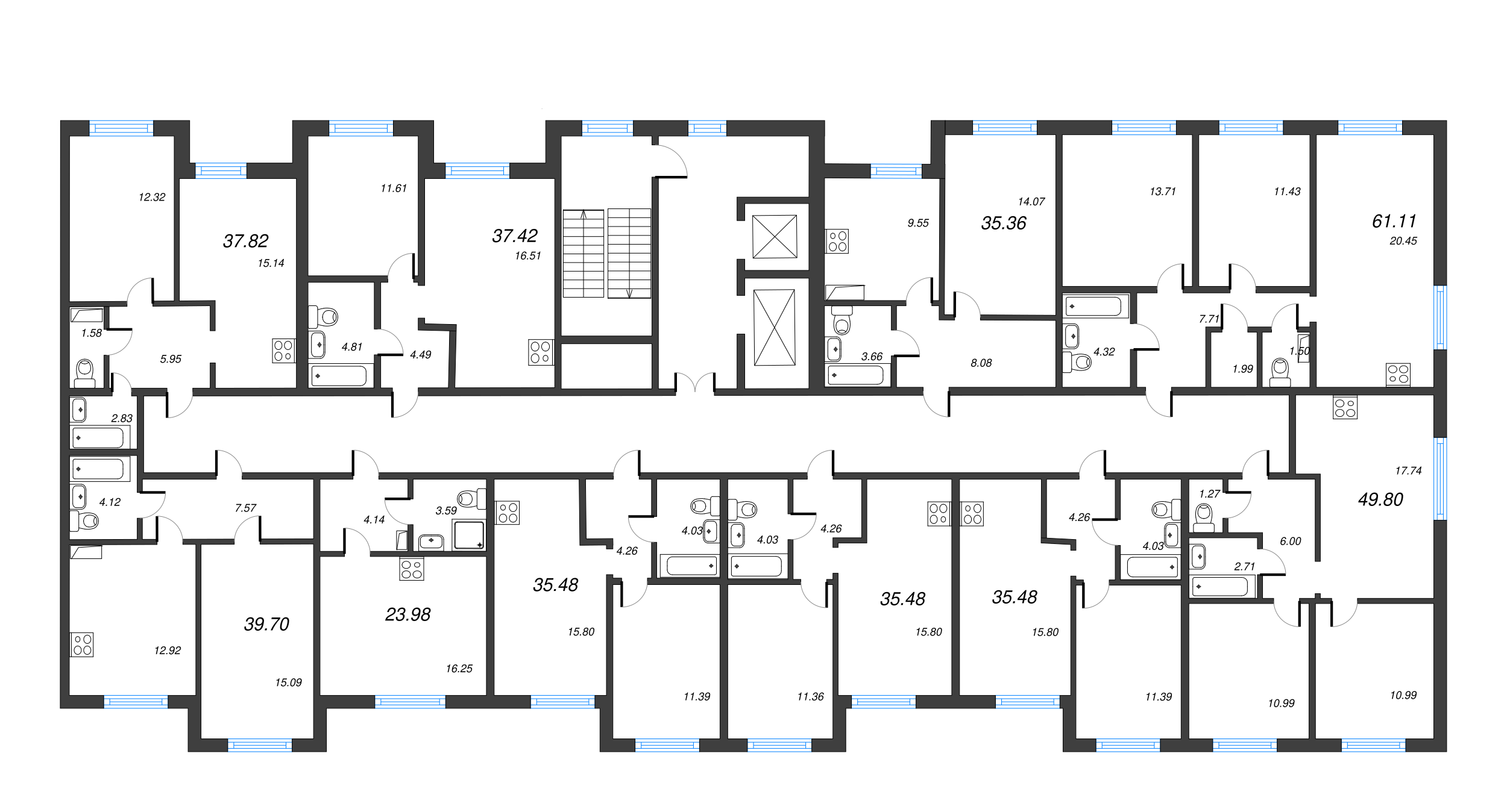 3-комнатная (Евро) квартира, 49.8 м² - планировка этажа