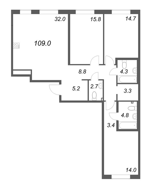 4-комнатная (Евро) квартира, 109.1 м² в ЖК "Визионер" - планировка, фото №1