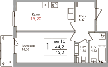 2-комнатная (Евро) квартира, 44.2 м² в ЖК "Верхний" - планировка, фото №1