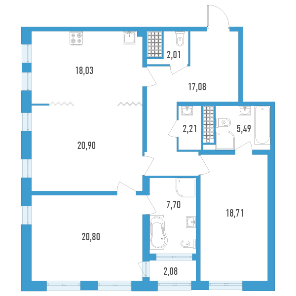 3-комнатная квартира, 113.97 м² в ЖК "Дефанс Премиум" - планировка, фото №1