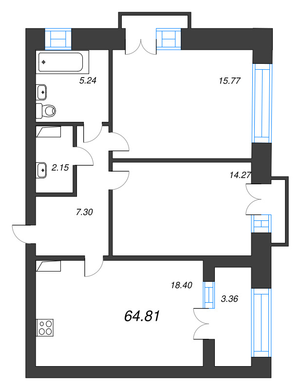 3-комнатная (Евро) квартира, 68.9 м² в ЖК "Наука" - планировка, фото №1