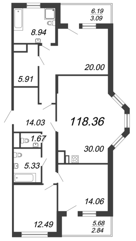 4-комнатная (Евро) квартира, 118.7 м² - планировка, фото №1