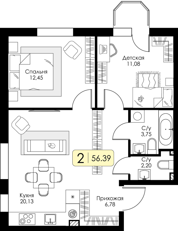 3-комнатная (Евро) квартира, 56.39 м² в ЖК "Всевгород" - планировка, фото №1