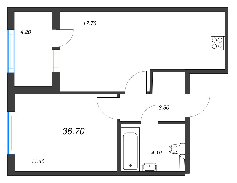 2-комнатная (Евро) квартира, 36.7 м² в ЖК "ЮгТаун" - планировка, фото №1