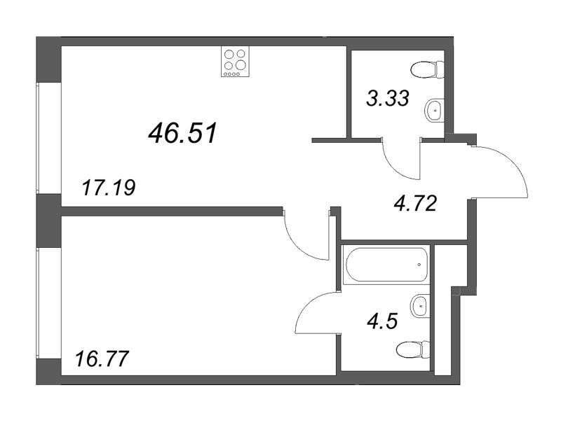 2-комнатная (Евро) квартира, 46.51 м² в ЖК "Avant" - планировка, фото №1