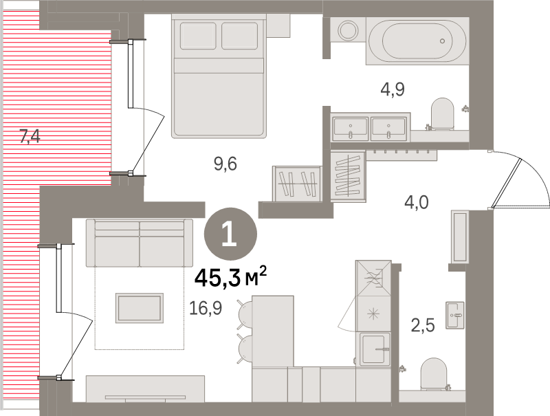 2-комнатная (Евро) квартира, 45.3 м² в ЖК "Северный ветер" - планировка, фото №1