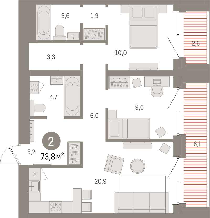 3-комнатная (Евро) квартира, 73.8 м² в ЖК "Северный ветер" - планировка, фото №1