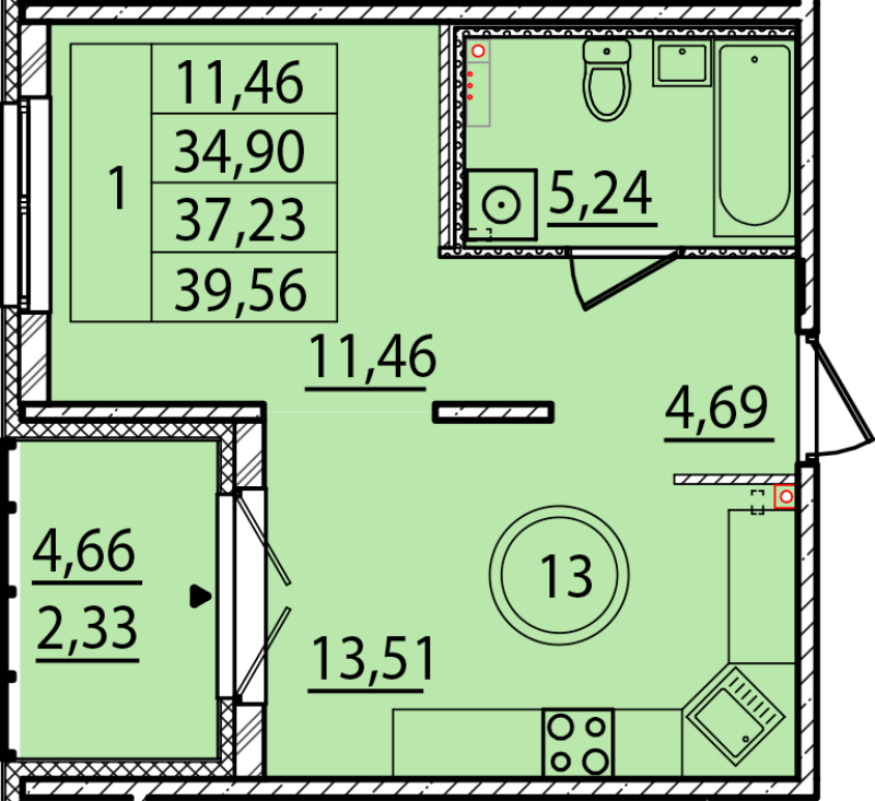 1-комнатная квартира, 34.9 м² в ЖК "Образцовый квартал 15" - планировка, фото №1
