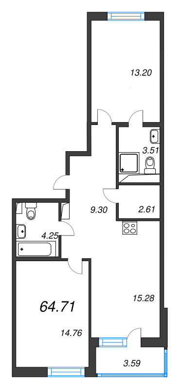 3-комнатная (Евро) квартира, 64.71 м² в ЖК "Энфилд" - планировка, фото №1