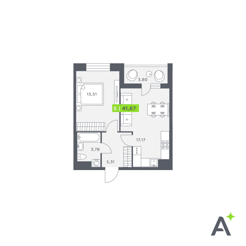 2-комнатная (Евро) квартира, 41.67 м² в ЖК "Аквилон Verba" - планировка, фото №1