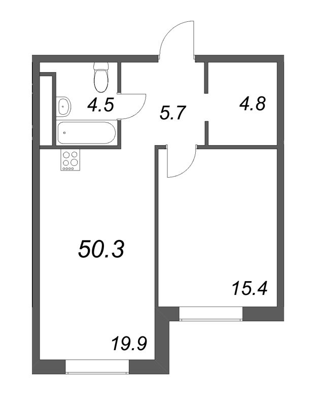 2-комнатная (Евро) квартира, 50.3 м² в ЖК "Визионер" - планировка, фото №1