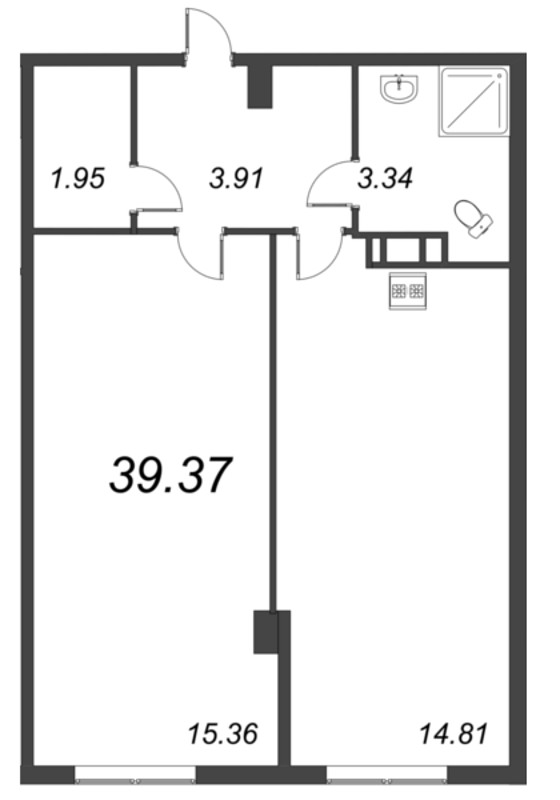 2-комнатная (Евро) квартира, 39.37 м² - планировка, фото №1