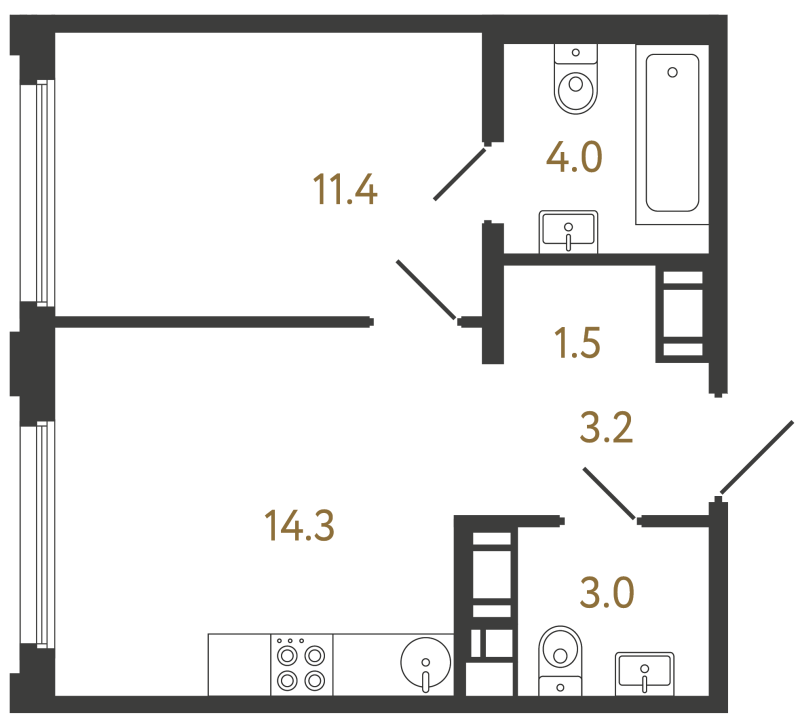 1-комнатная квартира, 37.4 м² в ЖК "Гений" - планировка, фото №1