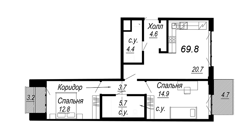 3-комнатная (Евро) квартира, 67.6 м² - планировка, фото №1