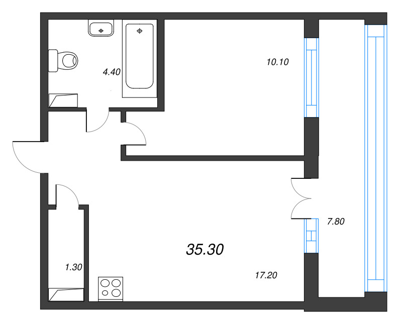 1-комнатная квартира, 35 м² - планировка, фото №1