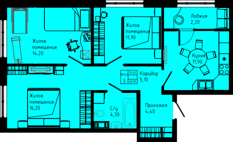 3-комнатная квартира, 70.2 м² в ЖК "Pixel" - планировка, фото №1