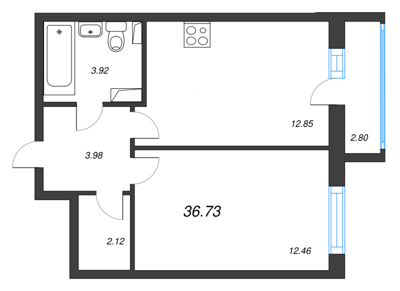 2-комнатная (Евро) квартира, 36.73 м² в ЖК "Кинопарк" - планировка, фото №1