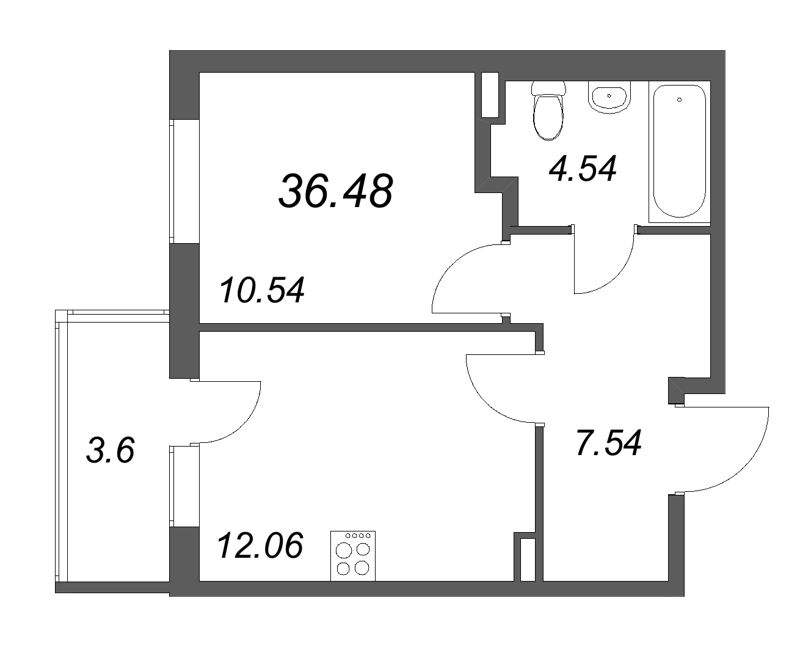 1-комнатная квартира, 36.48 м² в ЖК "Новая история" - планировка, фото №1