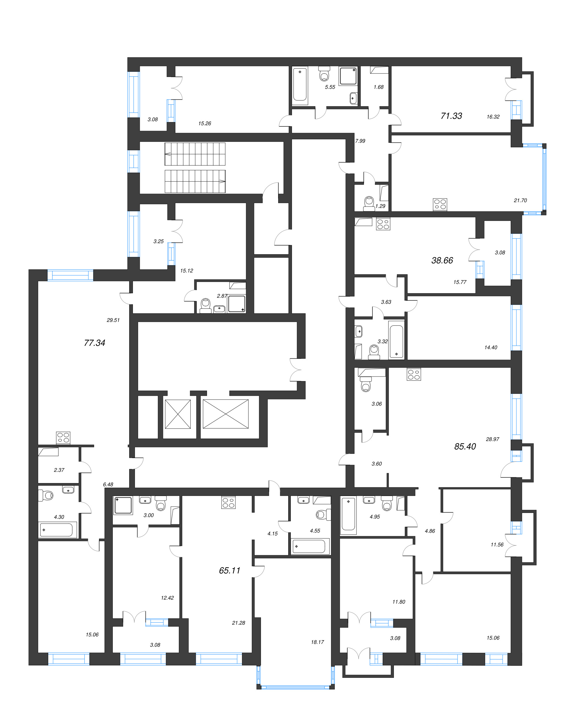 3-комнатная (Евро) квартира, 75.7 м² в ЖК "Наука" - планировка этажа