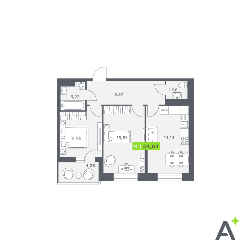 2-комнатная квартира, 54.46 м² в ЖК "Аквилон Верба" - планировка, фото №1