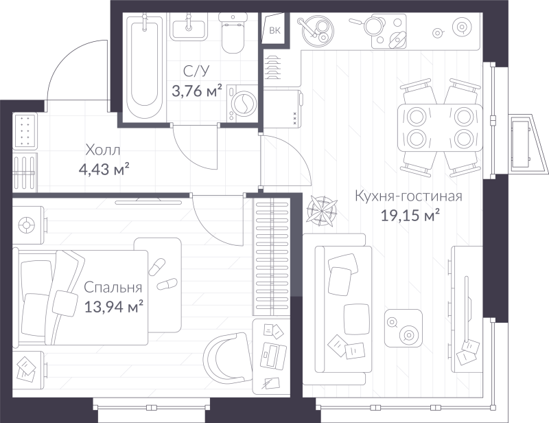 2-комнатная (Евро) квартира, 41.28 м² - планировка, фото №1