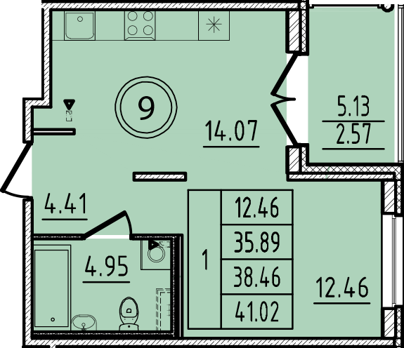 1-комнатная квартира, 35.89 м² - планировка, фото №1