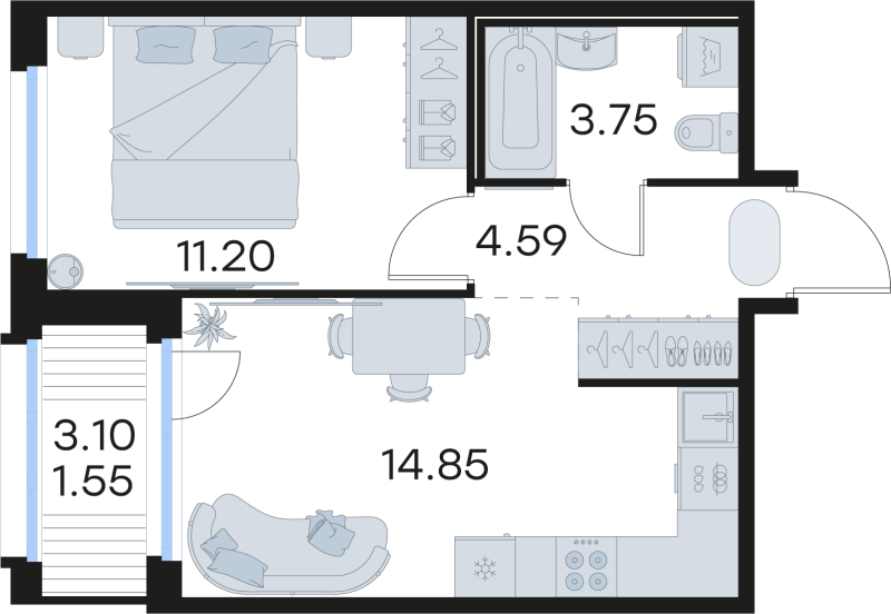 1-комнатная квартира, 35.8 м² в ЖК "Парголово" - планировка, фото №1