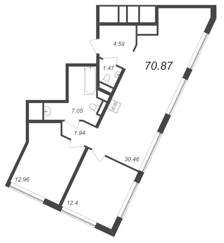 3-комнатная (Евро) квартира, 70.87 м² - планировка, фото №1