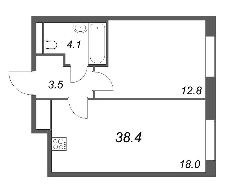 2-комнатная (Евро) квартира, 38.4 м² в ЖК "Большая Охта" - планировка, фото №1