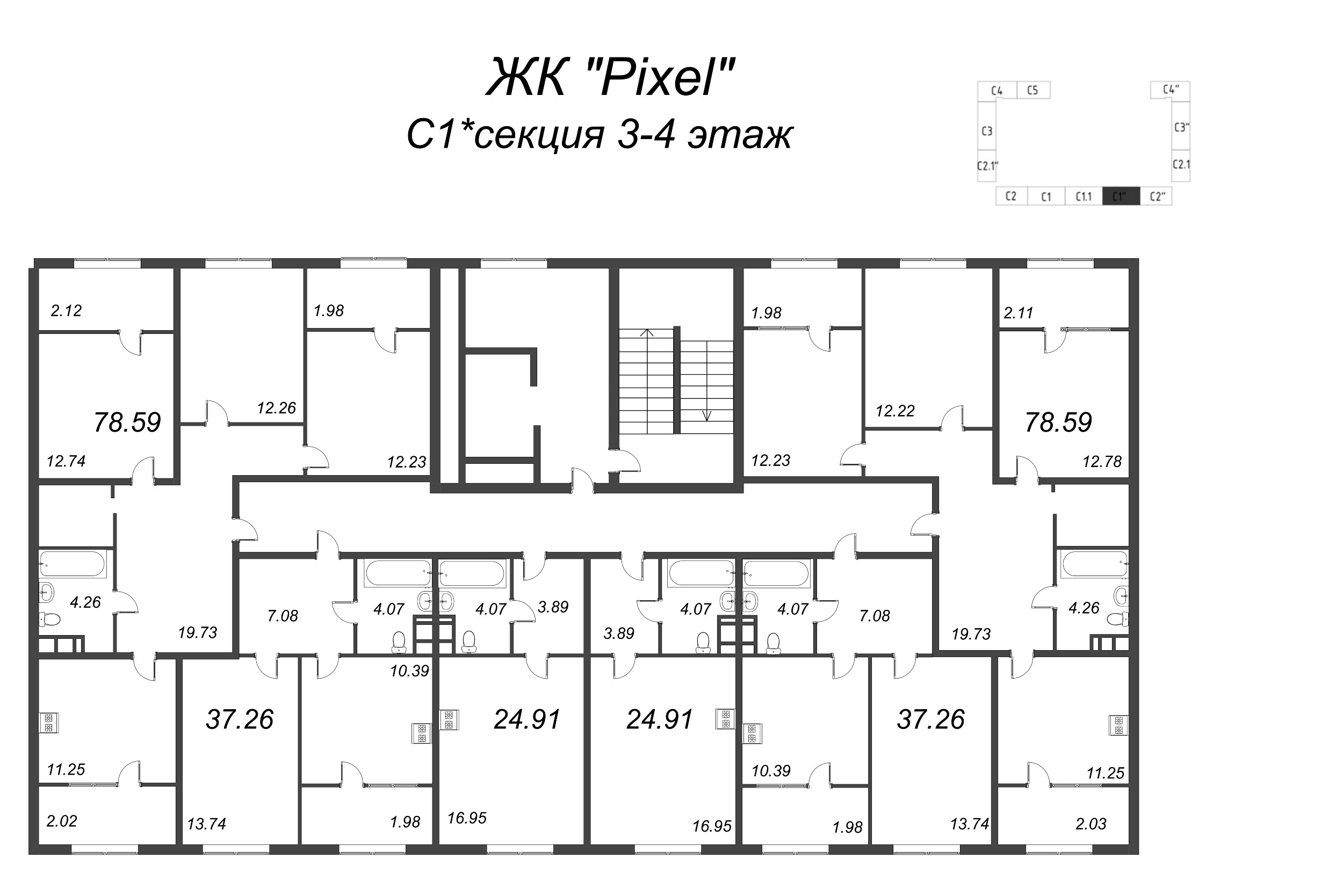1-комнатная квартира, 40.18 м² в ЖК "Pixel" - планировка этажа