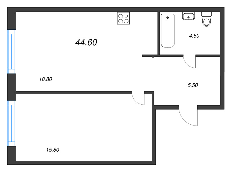 2-комнатная (Евро) квартира, 44.6 м² в ЖК "Ягодное Река Парк" - планировка, фото №1