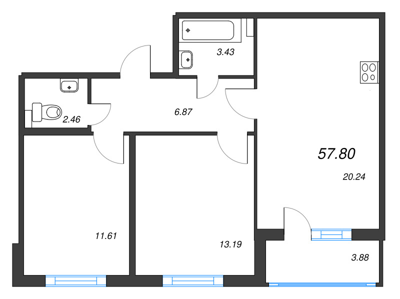 3-комнатная (Евро) квартира, 57.8 м² - планировка, фото №1