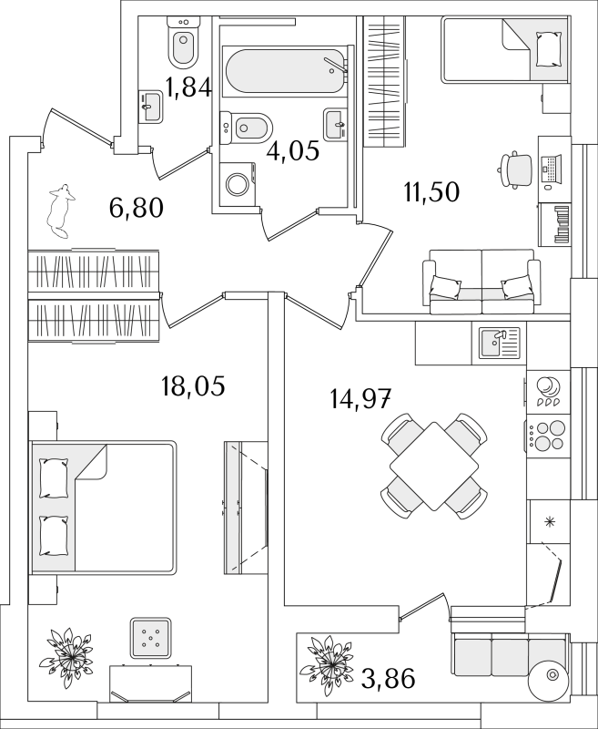 2-комнатная квартира, 59.14 м² - планировка, фото №1