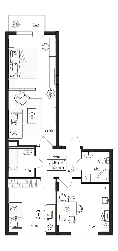 2-комнатная квартира, 62.6 м² в ЖК "Верево Сити" - планировка, фото №1