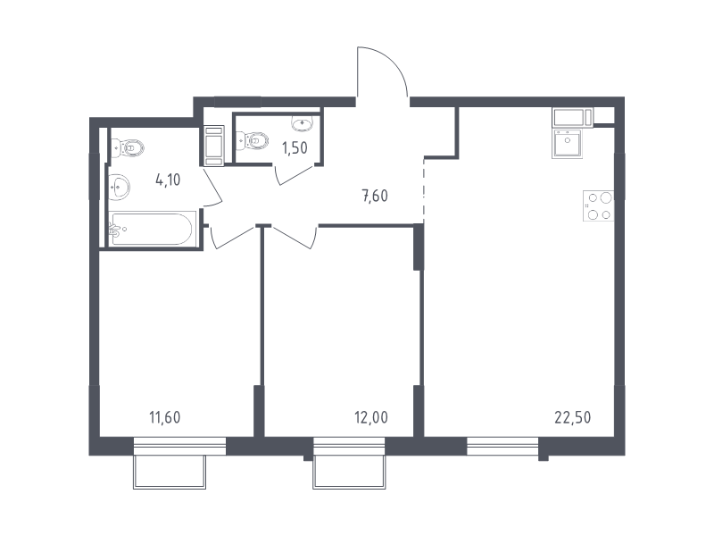 3-комнатная (Евро) квартира, 57.6 м² в ЖК "Курортный Квартал" - планировка, фото №1