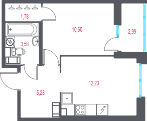 1-комнатная квартира, 35.02 м² в ЖК "Город-спутник Южный" - планировка, фото №1