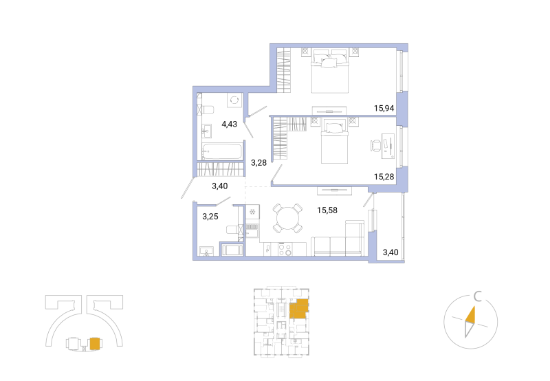 3-комнатная (Евро) квартира, 62.86 м² - планировка, фото №1