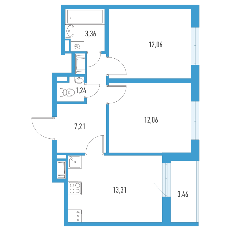 2-комнатная квартира, 50.97 м² в ЖК "Аэросити" - планировка, фото №1
