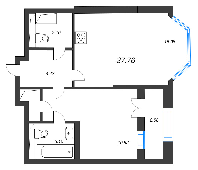 2-комнатная (Евро) квартира, 37.76 м² в ЖК "Цивилизация на неве" - планировка, фото №1