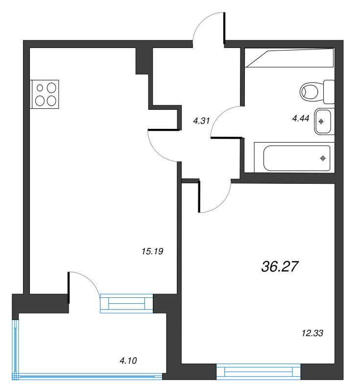 2-комнатная (Евро) квартира, 36.27 м² в ЖК "ЮгТаун" - планировка, фото №1