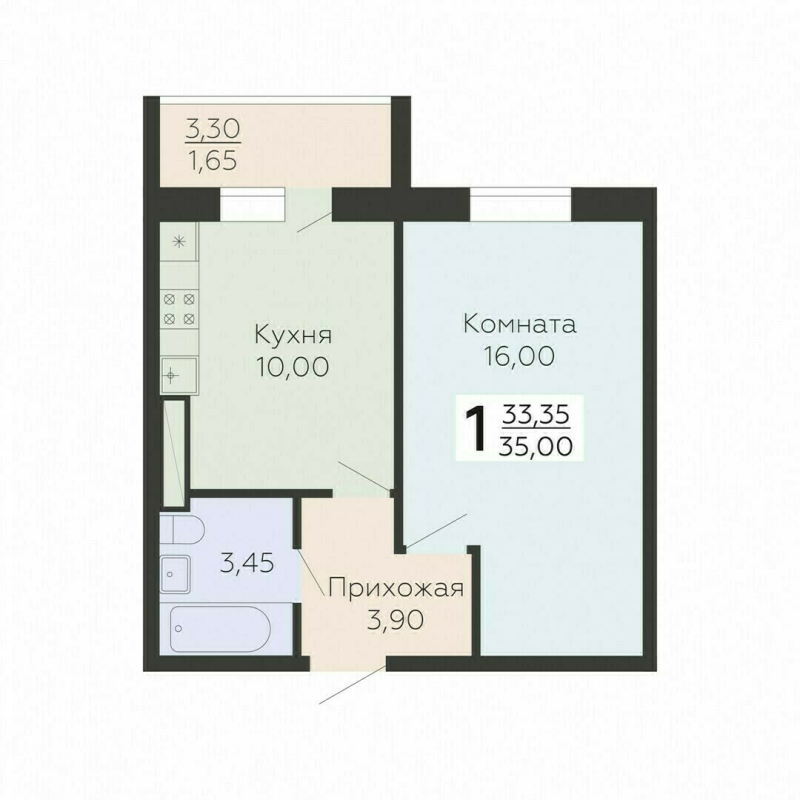1-комнатная квартира, 35 м² в ЖК "Ленский" - планировка, фото №1