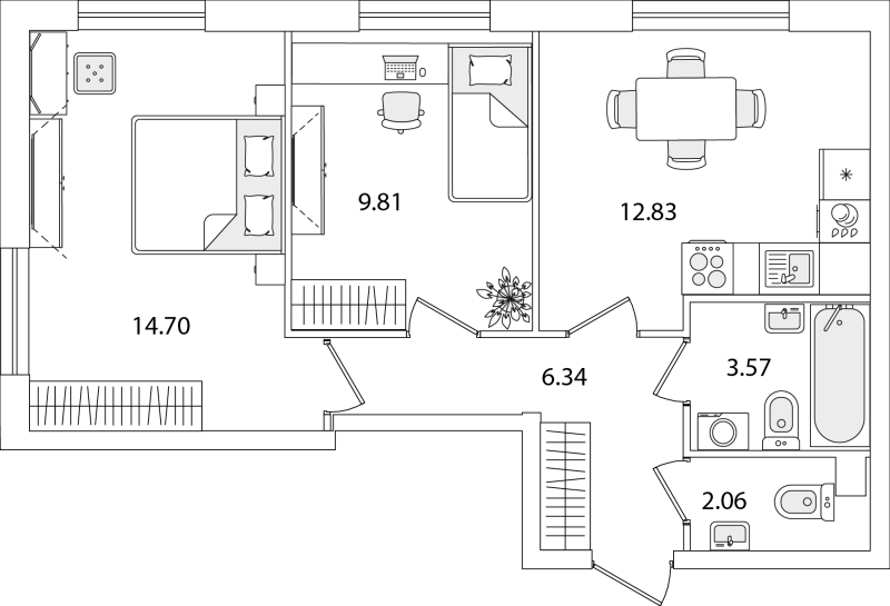 2-комнатная квартира, 49.31 м² - планировка, фото №1