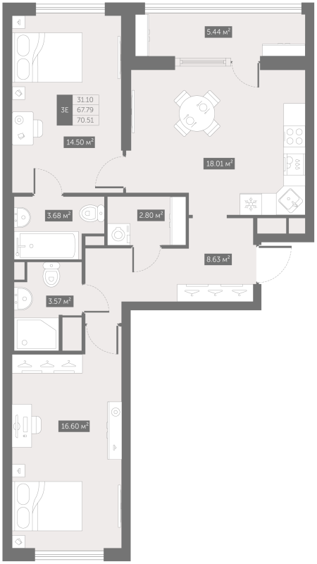 3-комнатная (Евро) квартира, 70.51 м² в ЖК "UP-квартал Новый Московский" - планировка, фото №1