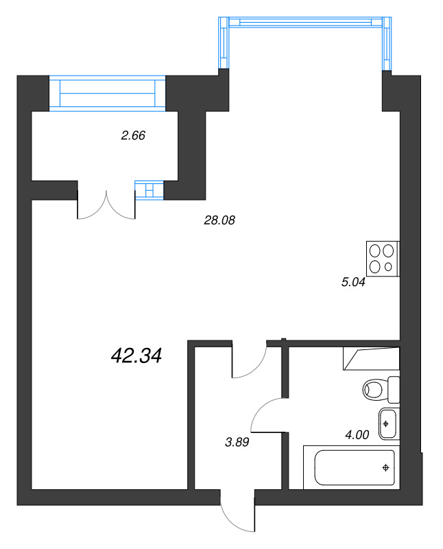 1-комнатная квартира, 42.34 м² в ЖК "Наука" - планировка, фото №1