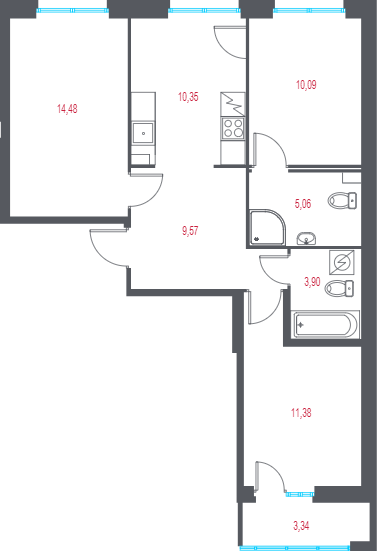 3-комнатная квартира, 65.83 м² в ЖК "Город-спутник Южный" - планировка, фото №1