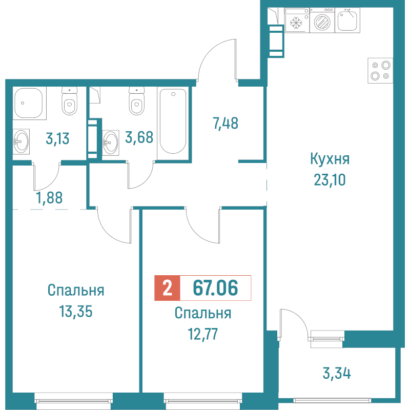 3-комнатная (Евро) квартира, 67.06 м² в ЖК "Графика" - планировка, фото №1
